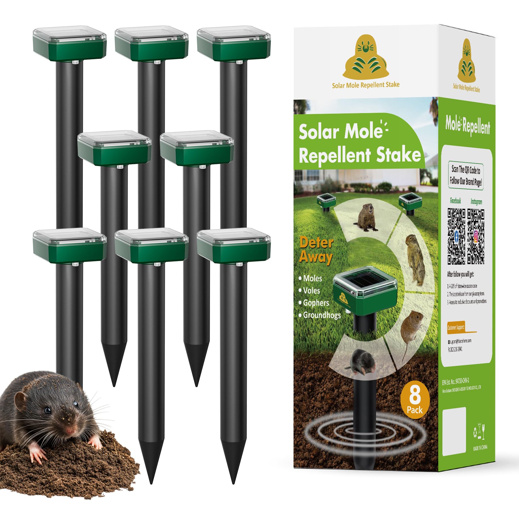 X-octenol 8 Pack Mole Repellent for Lawn Solar Powered Groundhog Spikes Outdoor Waterproof Gopher Deterrents to Get Rid of Vole Snake from Garden