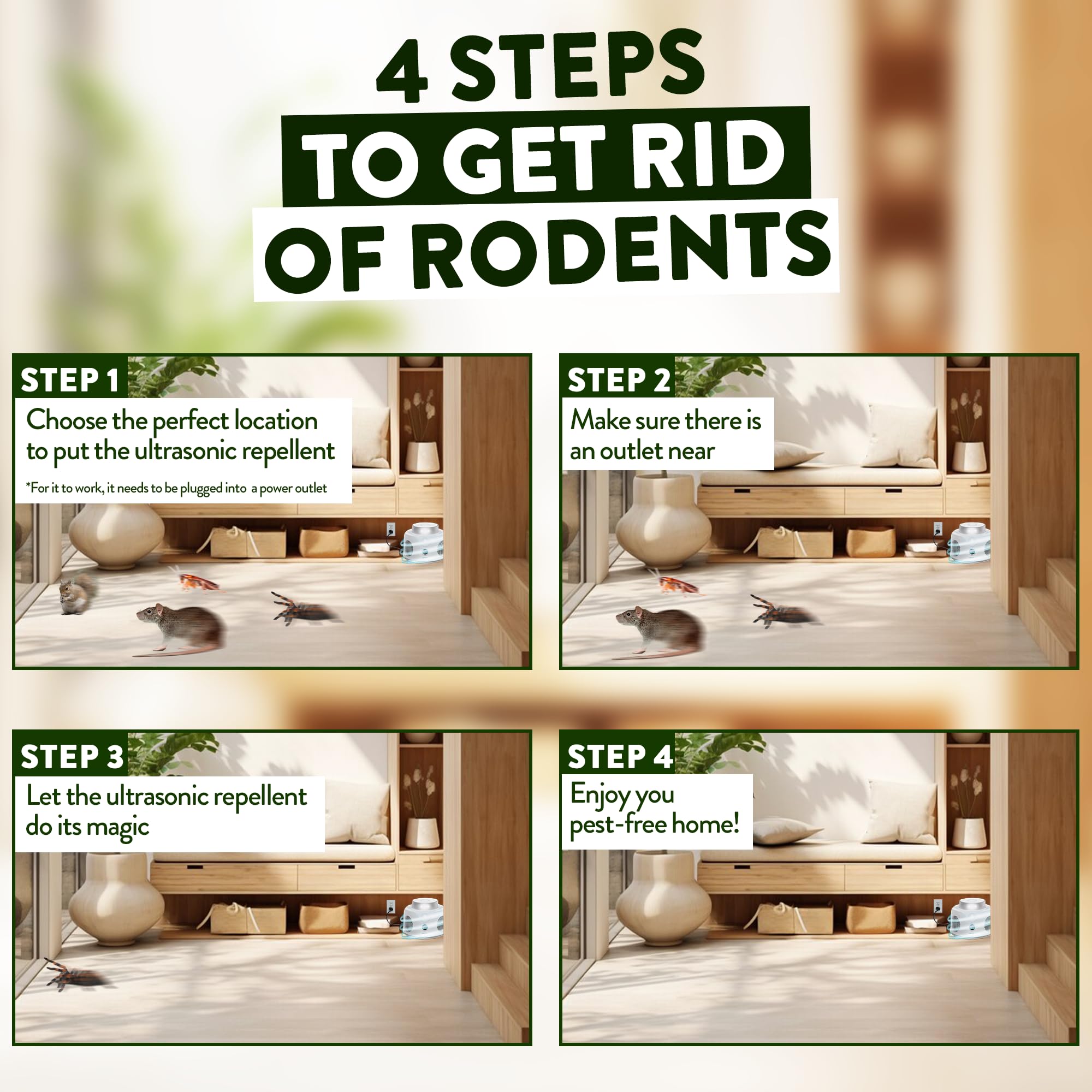 Ultrasonic Rodent Repellent - Indoor Solution for Unwanted Pests - No Harmful Chemicals, 360° Coverage, 9 Strobes