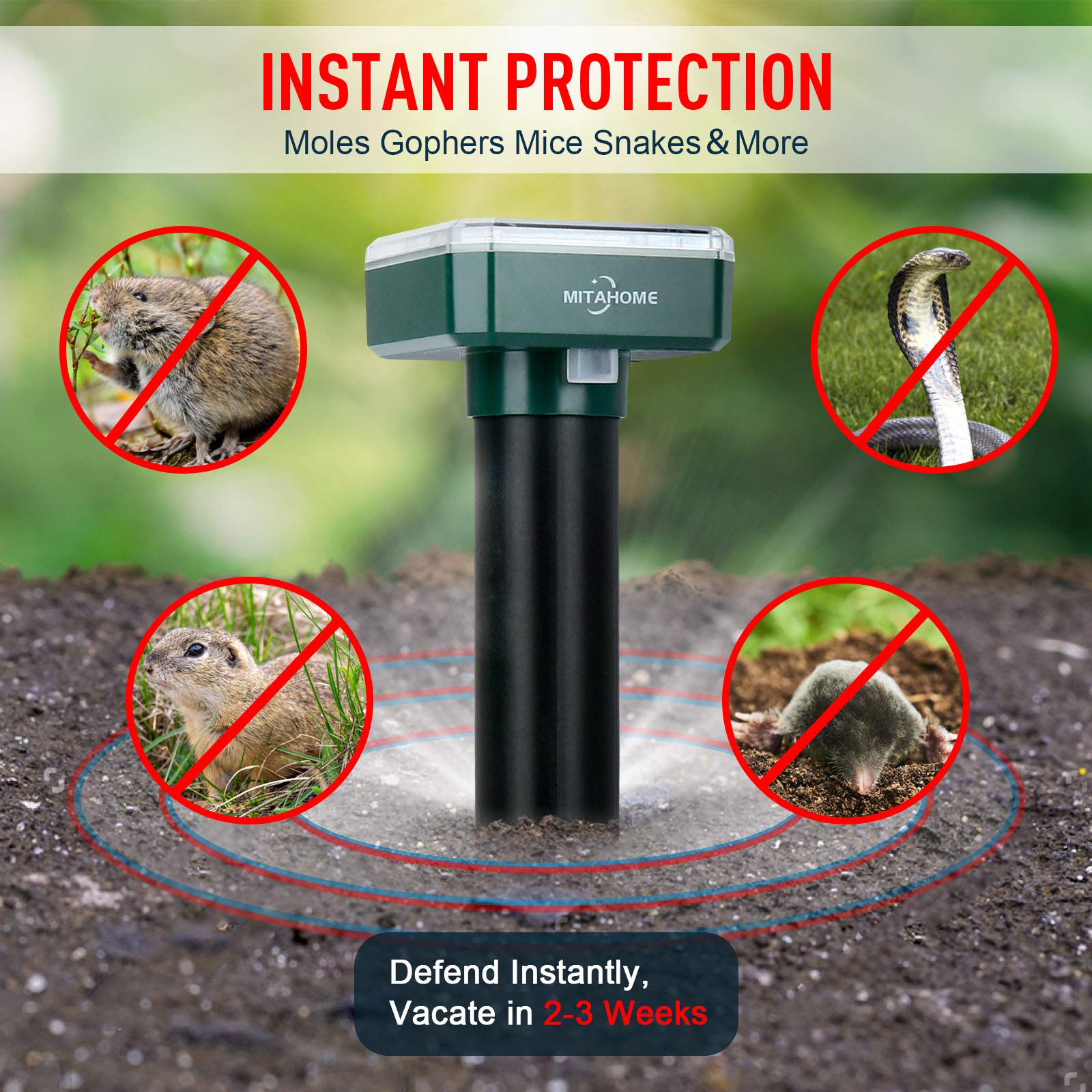 Solar Mole Repellent, 4 Pack Mole Repeller, Solar Powered Mole Repellent Stakes Outdoor Pet Safe, for Mole, Vole, Gopher, Snakes and Other Rodent Animals of Lawn Garden & Yard Home Use