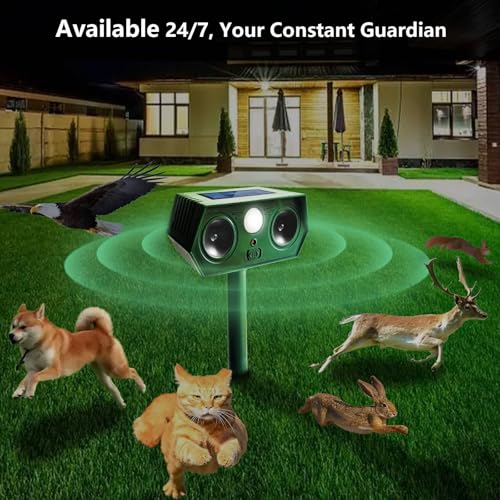 4 Pack 2025 Solar Animal Repeller Ultrasonic Cat Deterrent Outdoor, Waterproof Deer Repellent Motion Detection Flash Light for Dog Cat Deer Bird Rabbit Skunk Raccoon Squirrel for Yard, Safe for Pet