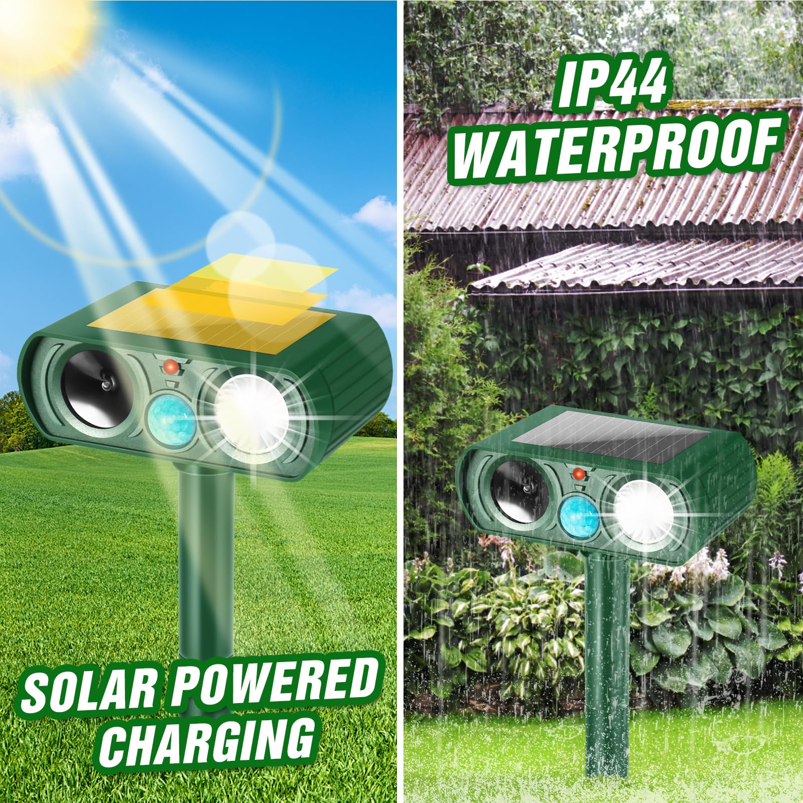 Outdoor Solar Powered Cat Deterrent, Ultrasonic Cat Deterrent with Motion Sensor and Flashing Light, Waterproof Deterrent Device for Dogs/Cats/Farm/Garden/Yard