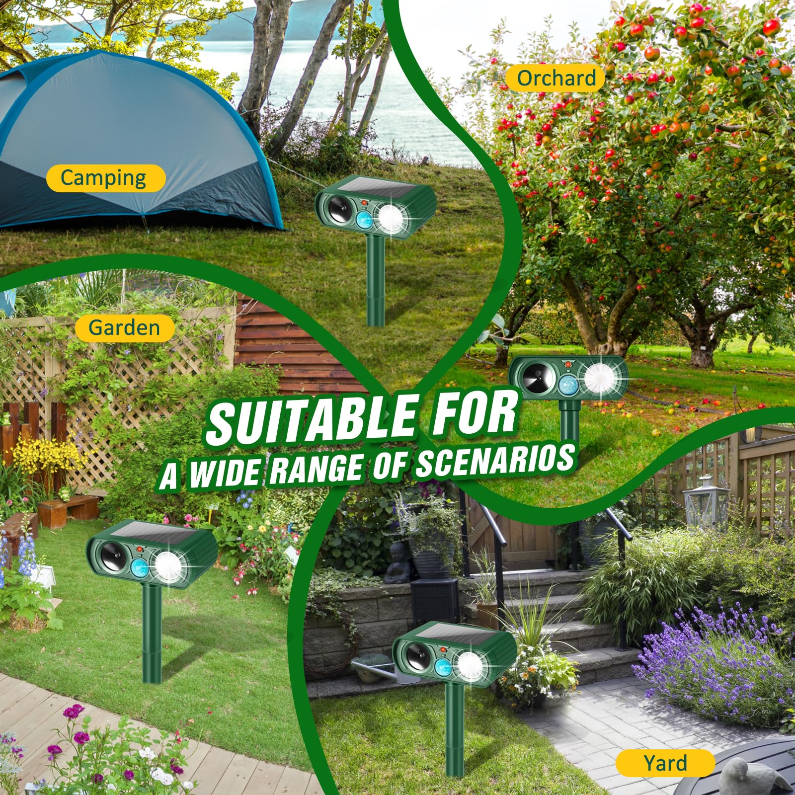 Outdoor Solar Powered Cat Deterrent, Ultrasonic Cat Deterrent with Motion Sensor and Flashing Light, Waterproof Deterrent Device for Dogs/Cats/Farm/Garden/Yard