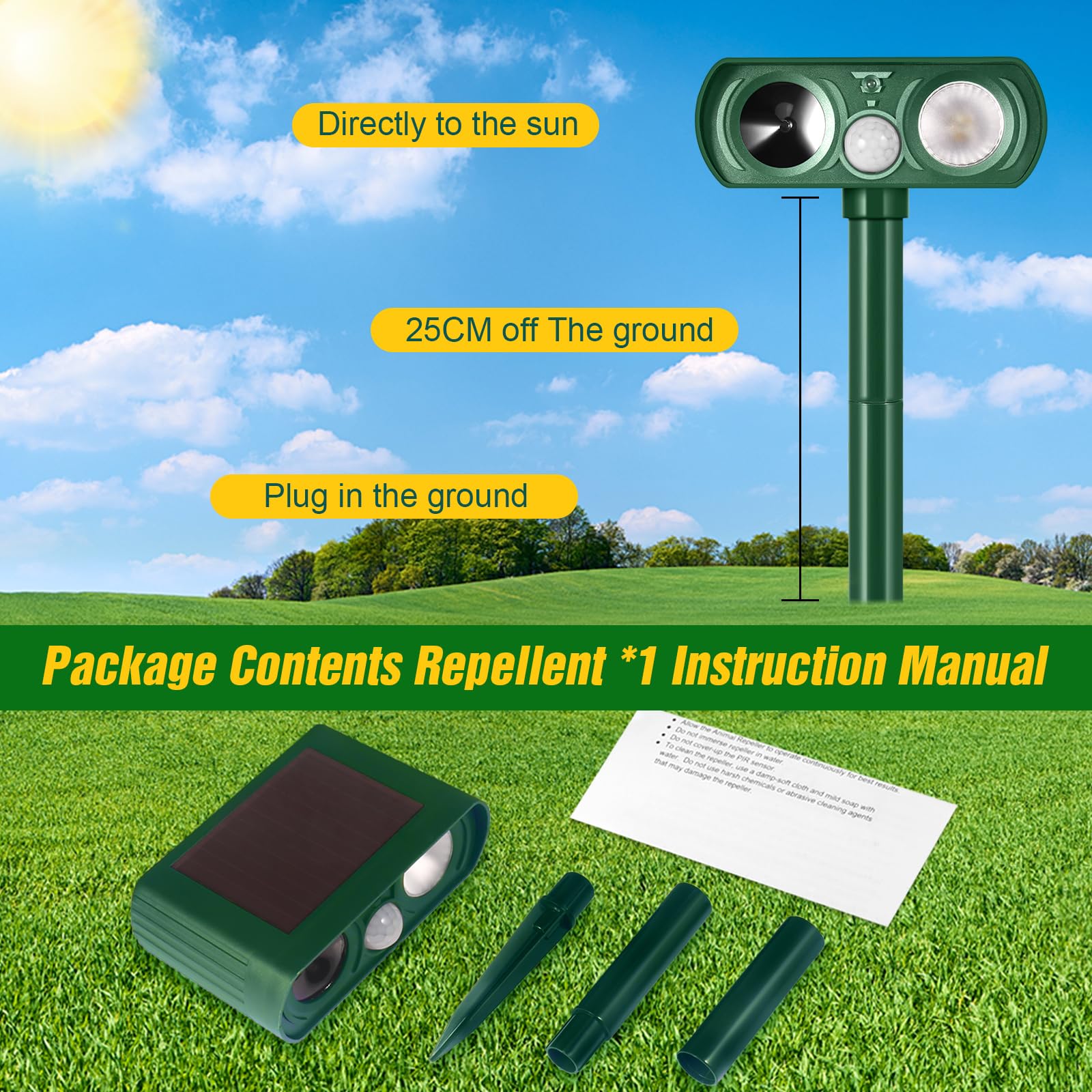 Outdoor Solar Powered Cat Deterrent, Ultrasonic Cat Deterrent with Motion Sensor and Flashing Light, Waterproof Deterrent Device for Dogs/Cats/Farm/Garden/Yard