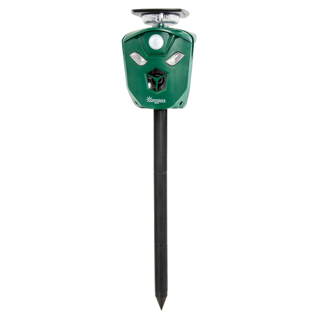 Sunnydaze 360° Solar-Powered Ultrasonic Animal Repeller with Mounting Pole - Solar Power or USB - 3 PIR Motion Sensors, 19.5, Green, XPT-0631