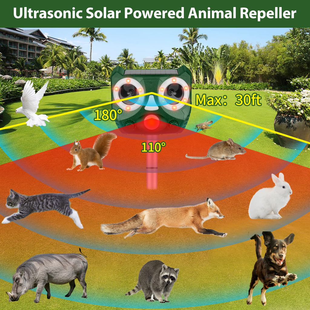 Solar Ultrasonic Animal Repellent, Waterproof Cat Deterrent Outdoor Solar Animal Repeller Motion Detection, Deer Repellent Devices Repel Cat Squirrel Rabbit Bird Dog Raccoon Skunk for Yard Farm Garden