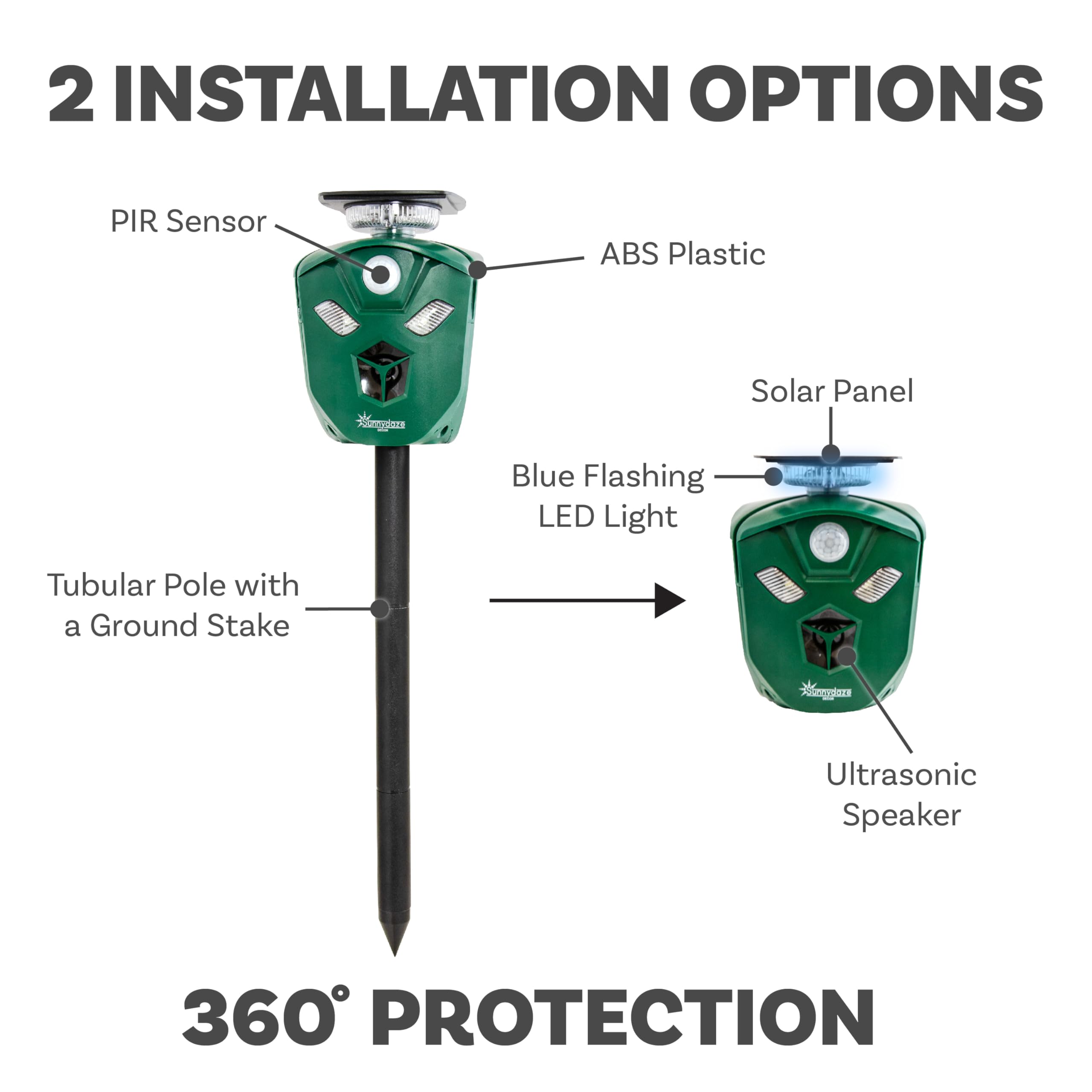 Sunnydaze 360° Solar-Powered Ultrasonic Animal Repeller with Mounting Pole - Solar Power or USB - 3 PIR Motion Sensors, 19.5, Green, XPT-0631