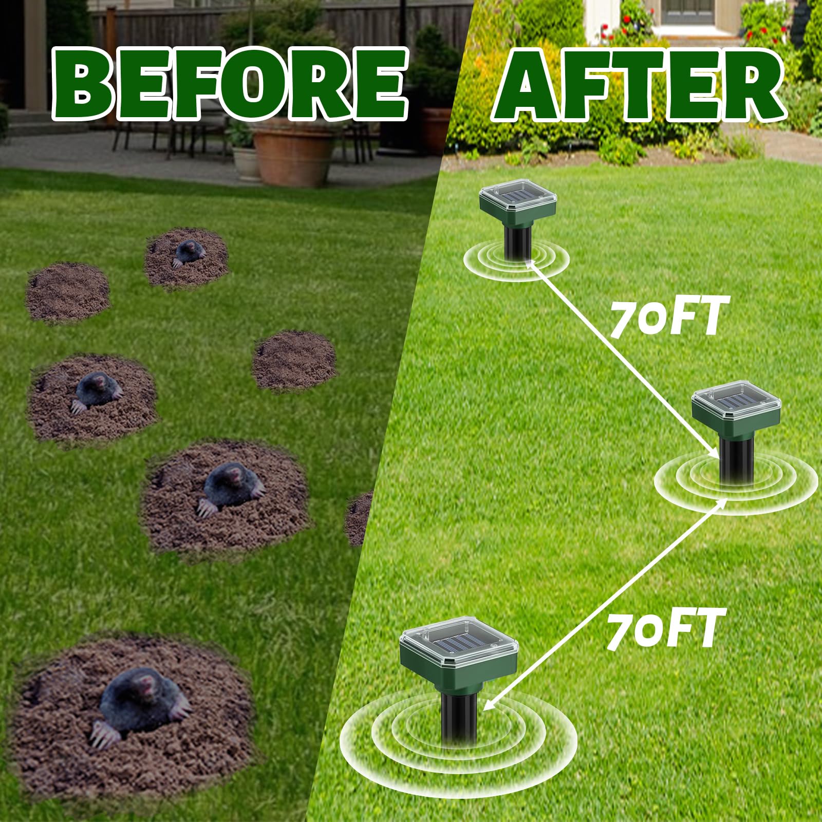 Mole Repellent 10 Pack,Ultrasonic Deterrent Stake Moles Killer,Solar Powered Outdoor Waterproof Sonic Spikes,Get Rid for Snake,Mole, Gopher,Groundhog, Skunk, and Voles,Repellent for Lawn Garden Yard