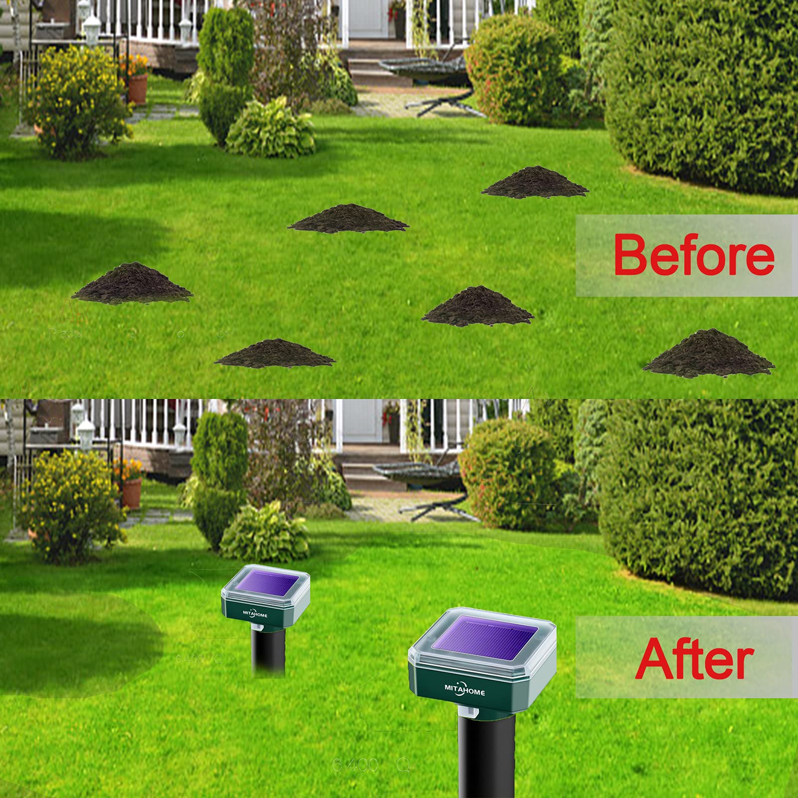 Solar Mole Repellent, 4 Pack Mole Repeller, Solar Powered Mole Repellent Stakes Outdoor Pet Safe, for Mole, Vole, Gopher, Snakes and Other Rodent Animals of Lawn Garden & Yard Home Use
