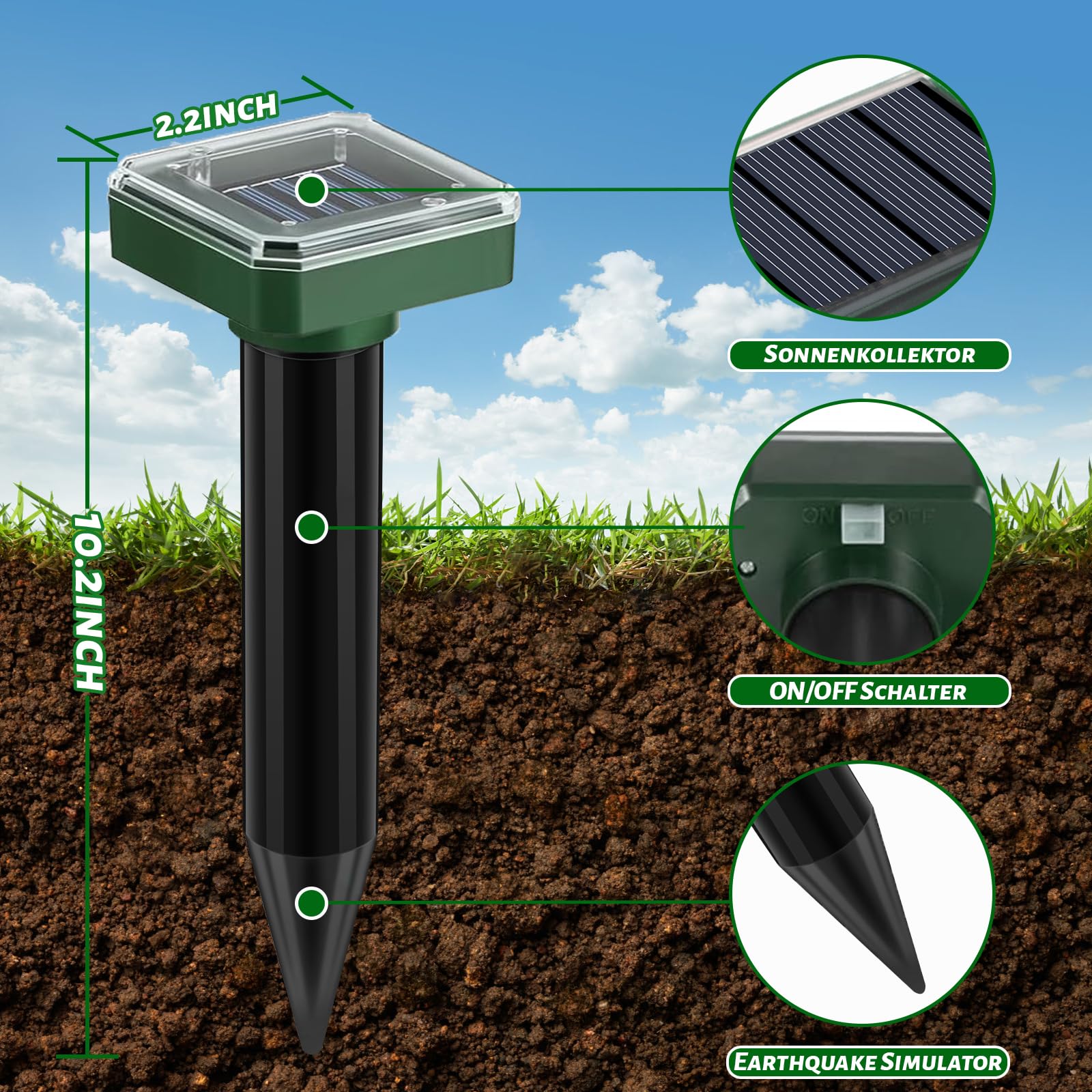 Mole Repellent 10 Pack,Ultrasonic Deterrent Stake Moles Killer,Solar Powered Outdoor Waterproof Sonic Spikes,Get Rid for Snake,Mole, Gopher,Groundhog, Skunk, and Voles,Repellent for Lawn Garden Yard