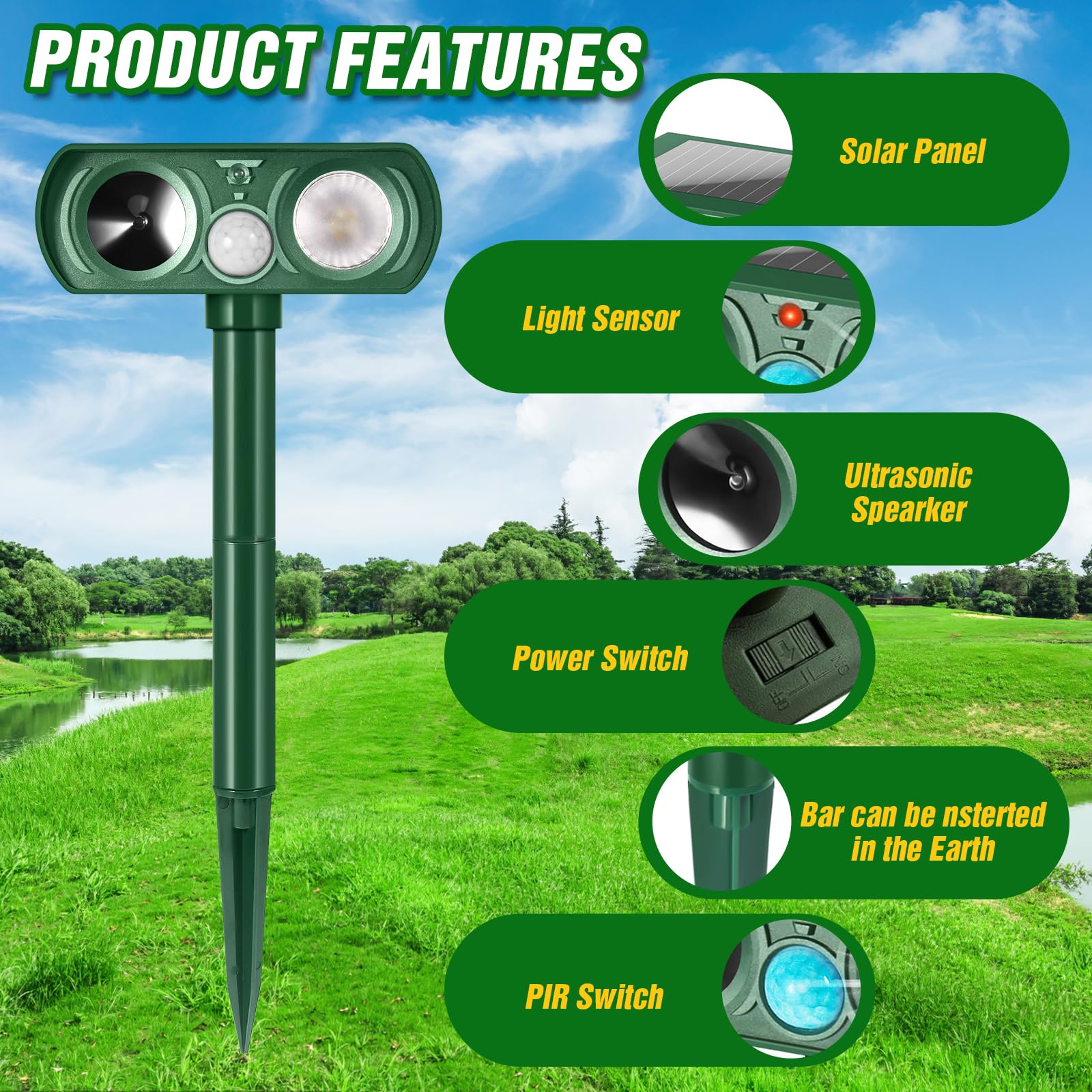Outdoor Solar Powered Cat Deterrent, Ultrasonic Cat Deterrent with Motion Sensor and Flashing Light, Waterproof Deterrent Device for Dogs/Cats/Farm/Garden/Yard
