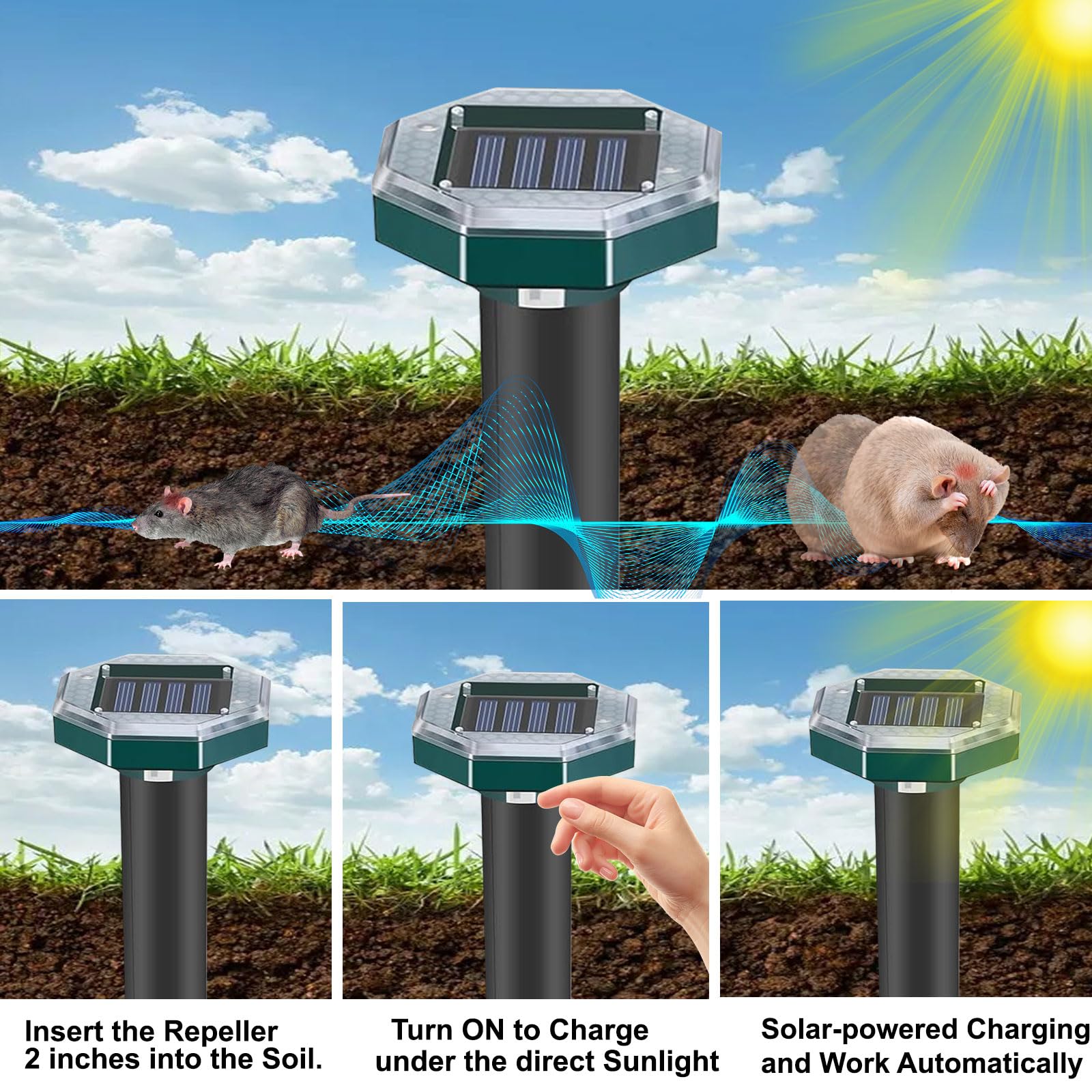 Mole Repellent Solar Powered Snake Repellent for Yard- Ultrasonic Pest Repeller Gopher Rodent Rat Mouse Groundhog Skunk Chipmunk Vole Remover for Lawns Garden Yard Outside