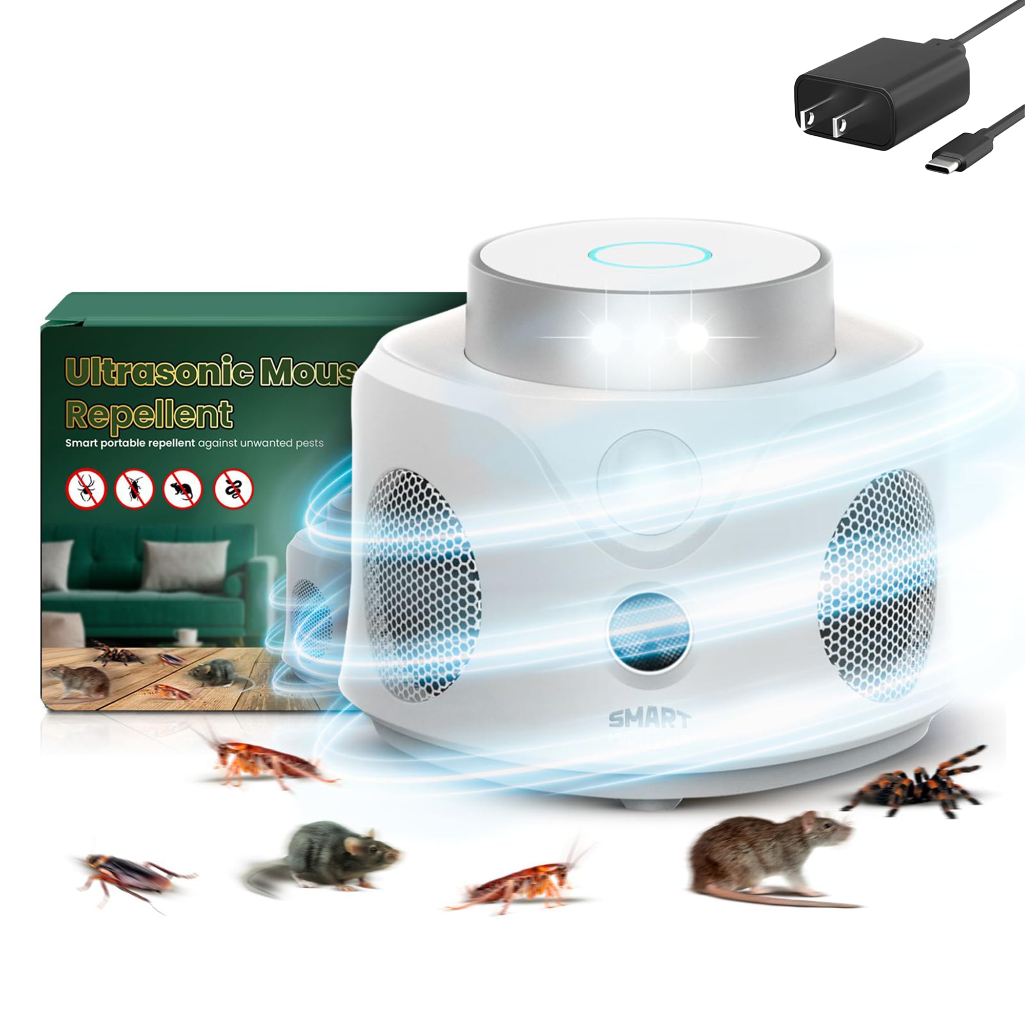 Ultrasonic Rodent Repellent - Indoor Solution for Unwanted Pests - No Harmful Chemicals, 360° Coverage, 9 Strobes