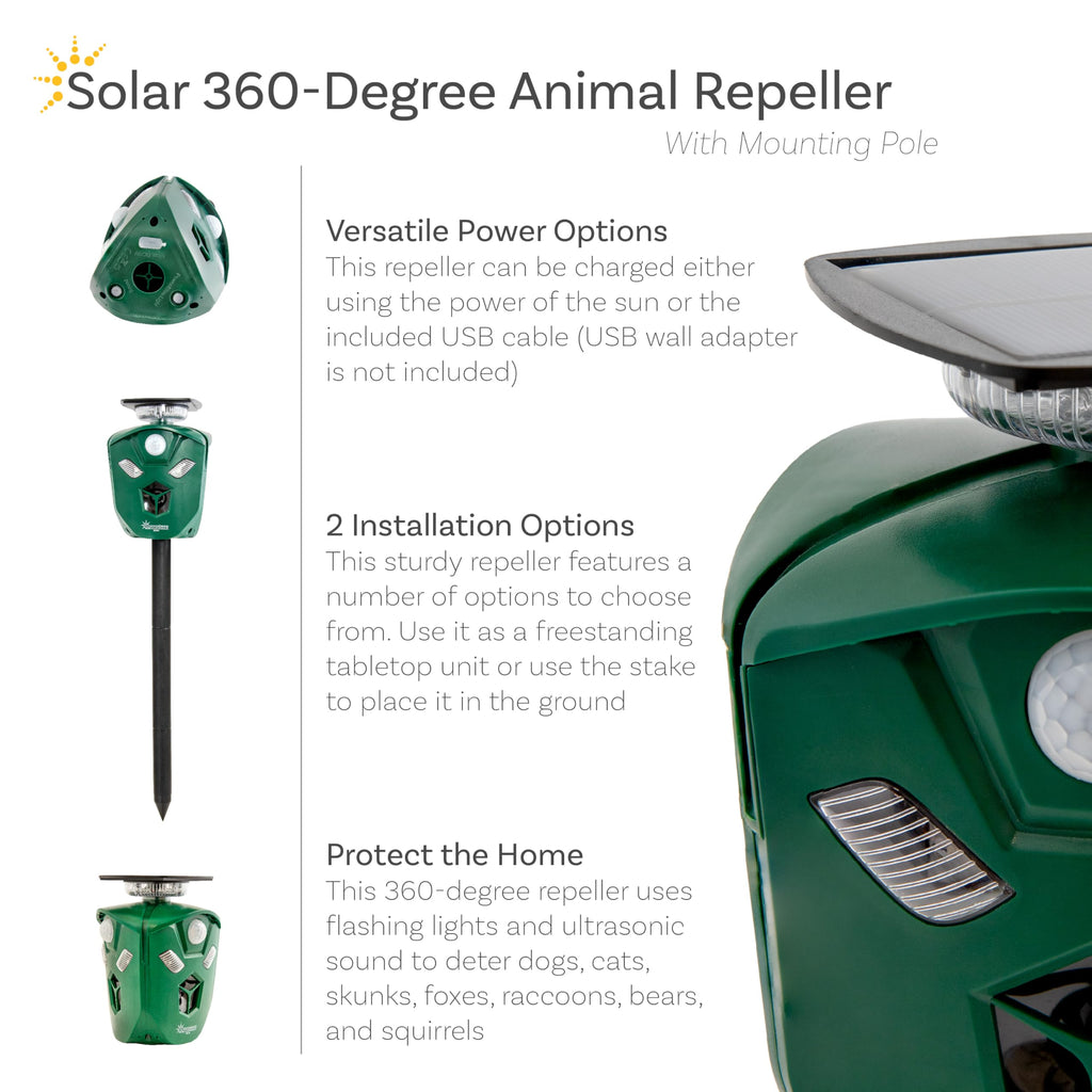 Sunnydaze 360° Solar-Powered Ultrasonic Animal Repeller with Mounting Pole - Solar Power or USB - 3 PIR Motion Sensors, 19.5, Green, XPT-0631