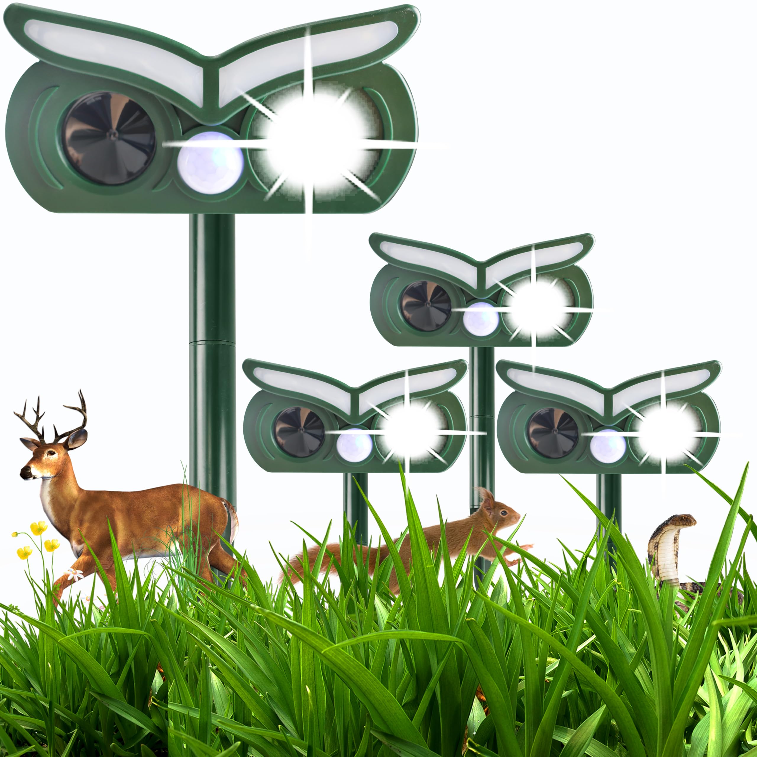 4pcs Upgraded Solar Animal Repellent, Cat Repellent Outdoor, Squirrel Repellent, Deer Repellent, Ultrasonic pest Repeller, Waterproof Motion Detection, Dog, Raccoon, Skunk, Rabbit, Rodent