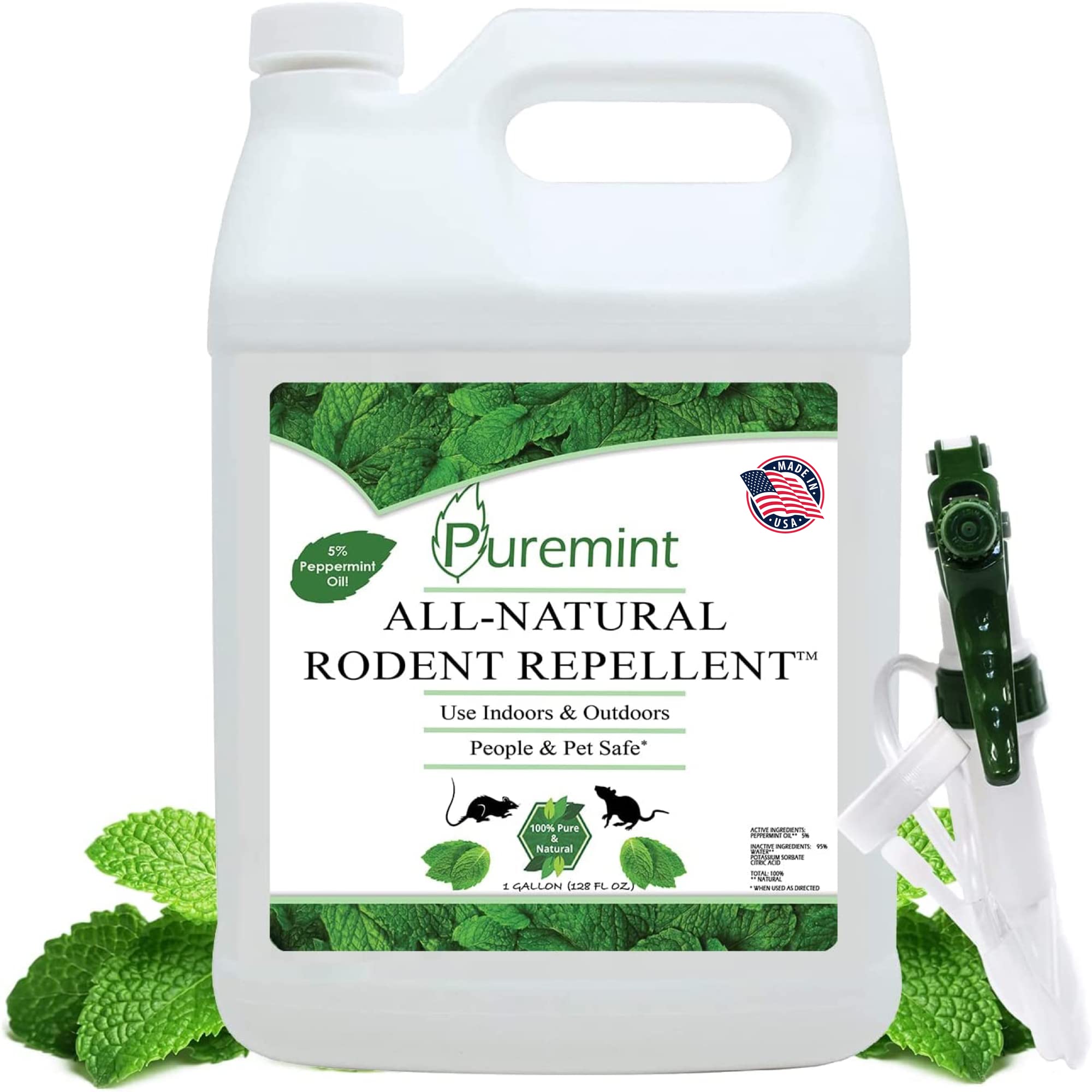 Puremint Rodent Repellent, Natural 5% Peppermint Oil Spray for Mice, Rats, Chipmunks and Rodents, Indoor and Outdoor, House and Car Engine Use, 128 fl oz Gallon
