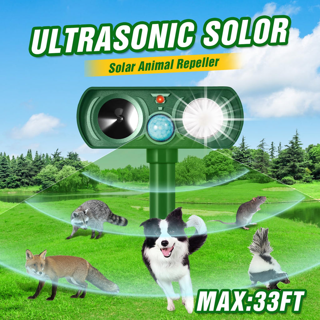 Outdoor Solar Powered Cat Deterrent, Ultrasonic Cat Deterrent with Motion Sensor and Flashing Light, Waterproof Deterrent Device for Dogs/Cats/Farm/Garden/Yard