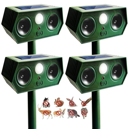 4 Pack 2025 Solar Animal Repeller Ultrasonic Cat Deterrent Outdoor, Waterproof Deer Repellent Motion Detection Flash Light for Dog Cat Deer Bird Rabbit Skunk Raccoon Squirrel for Yard, Safe for Pet