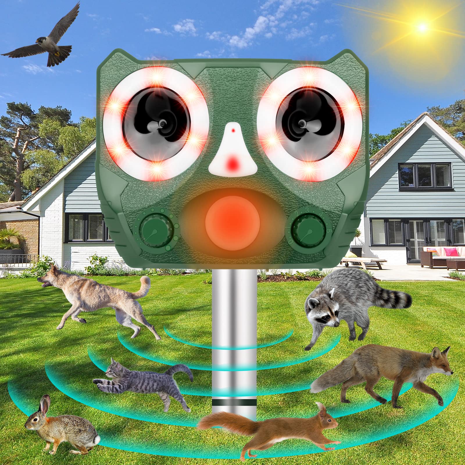 Solar Ultrasonic Animal Repellent, Waterproof Cat Deterrent Outdoor Solar Animal Repeller Motion Detection, Deer Repellent Devices Repel Cat Squirrel Rabbit Bird Dog Raccoon Skunk for Yard Farm Garden