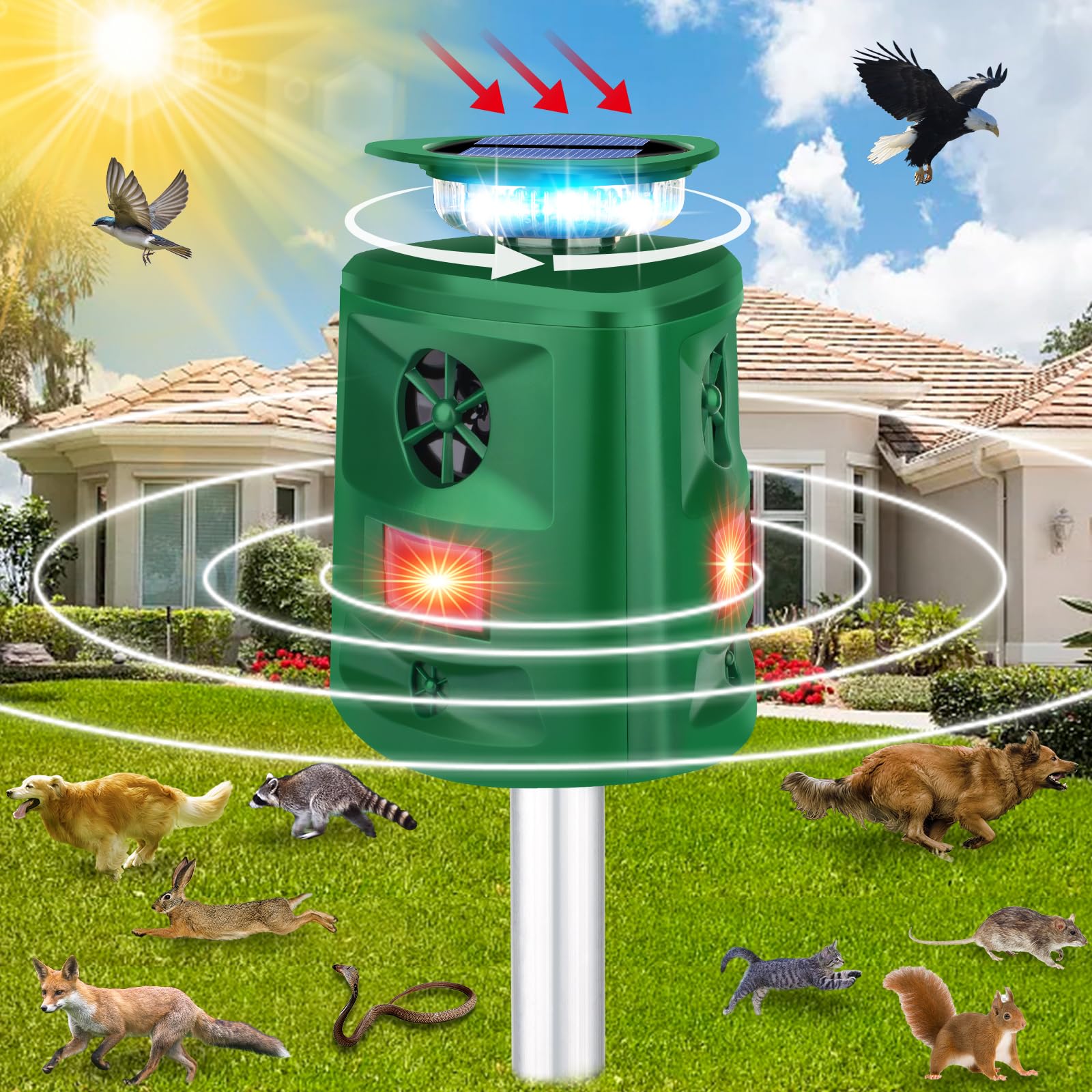 Solar Animal Repeller, 360°Ultrasonic Animal Repeller, Cat Repellent Outdoor, Dog Repellent, Motion Sensor & Flashing Light, Repel Dogs, Deer, Fox, Raccoon, Skunk, Rabbit, Squirrels, Coyote Deterrent
