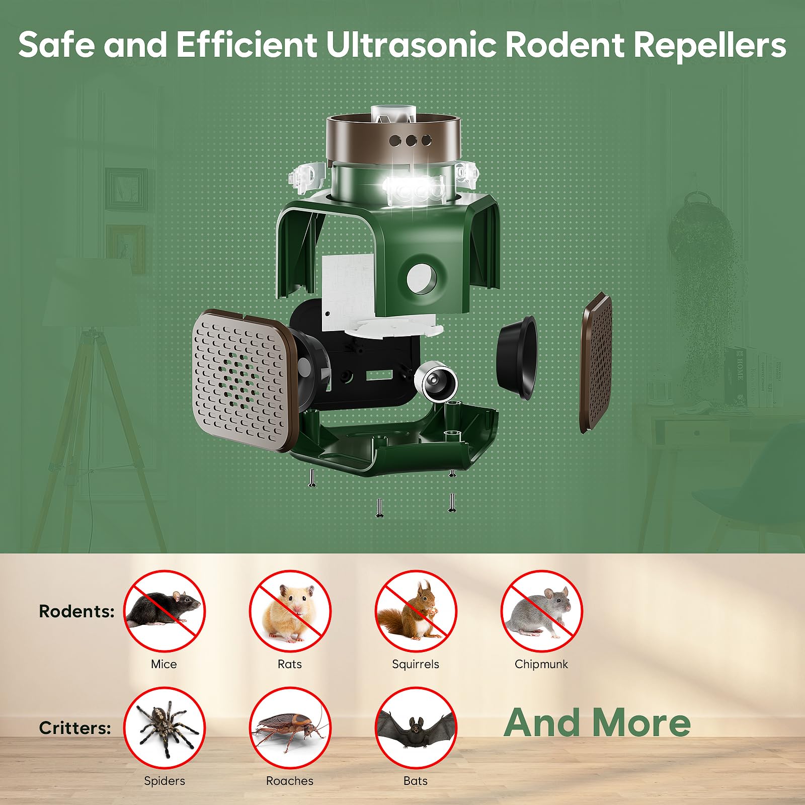 Mice Repellent Indoor Qunifyed Rodent Repellent Ultrasonic Plug in 4 Modes Ultrasonic Pest Repeller with 9 Strobe Lights - Effective Control for Mouse, Squirrel, Rat, Rodent, Roach, Bugs, Bat, Gekos