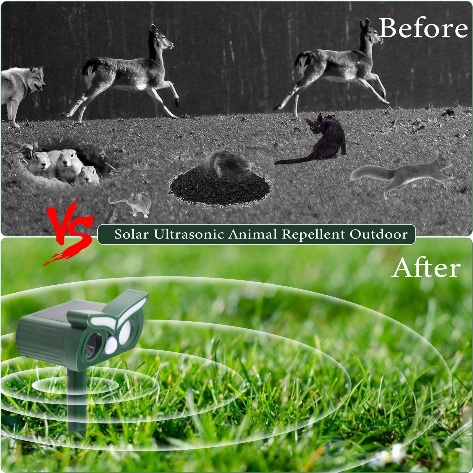 4pcs Upgraded Solar Animal Repellent, Cat Repellent Outdoor, Squirrel Repellent, Deer Repellent, Ultrasonic pest Repeller, Waterproof Motion Detection, Dog, Raccoon, Skunk, Rabbit, Rodent