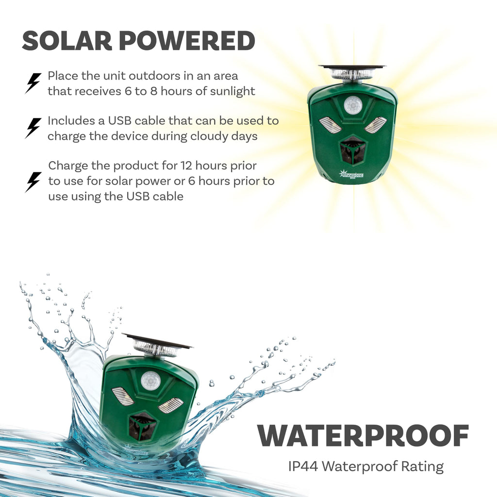 Sunnydaze 360° Solar-Powered Ultrasonic Animal Repeller with Mounting Pole - Solar Power or USB - 3 PIR Motion Sensors, 19.5, Green, XPT-0631
