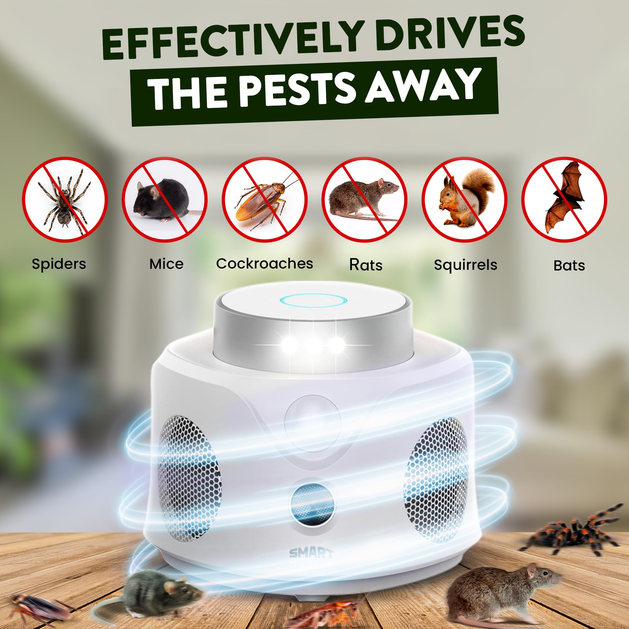 Ultrasonic Rodent Repellent - Indoor Solution for Unwanted Pests - No Harmful Chemicals, 360° Coverage, 9 Strobes