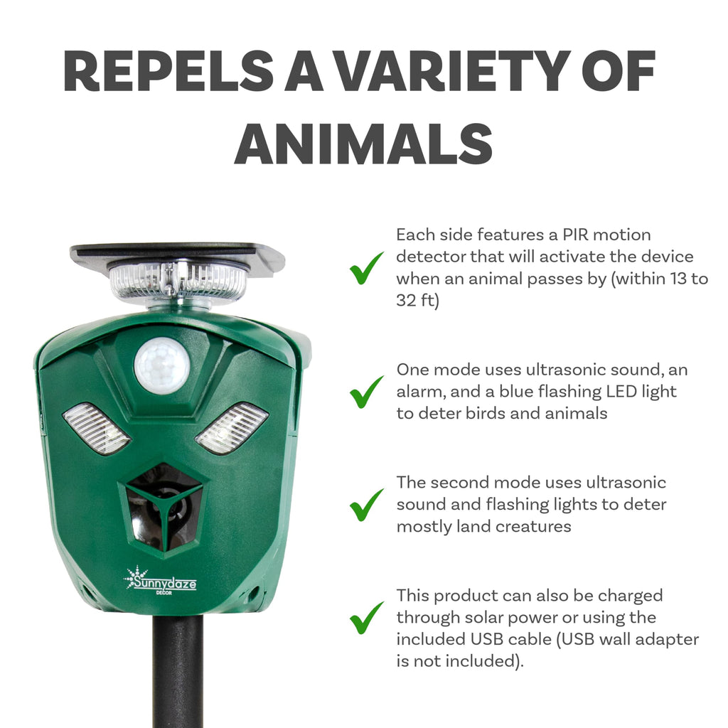 Sunnydaze 360° Solar-Powered Ultrasonic Animal Repeller with Mounting Pole - Solar Power or USB - 3 PIR Motion Sensors, 19.5, Green, XPT-0631