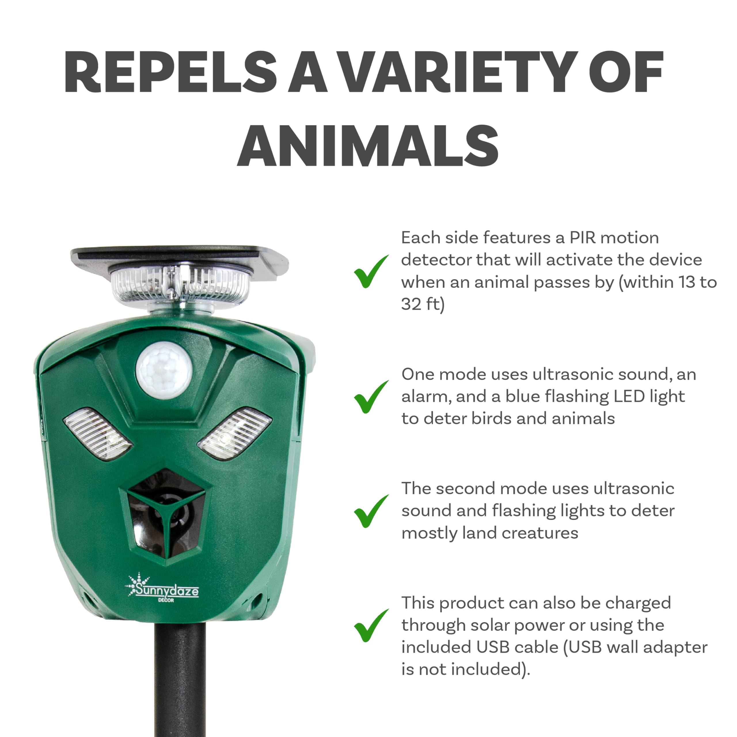 Sunnydaze 360° Solar-Powered Ultrasonic Animal Repeller with Mounting Pole - Solar Power or USB - 3 PIR Motion Sensors, 19.5, Green, XPT-0631