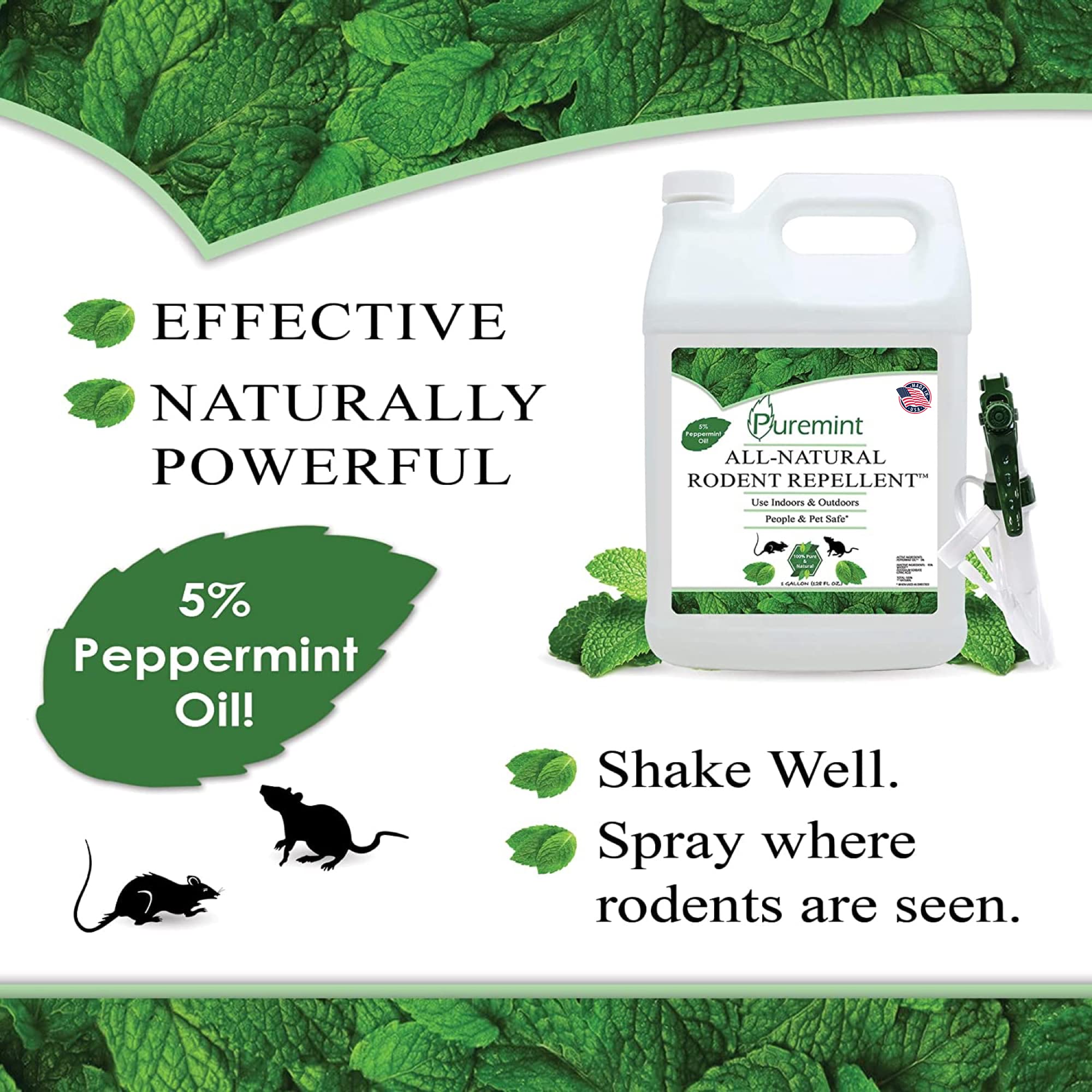 Puremint Rodent Repellent, Natural 5% Peppermint Oil Spray for Mice, Rats, Chipmunks and Rodents, Indoor and Outdoor, House and Car Engine Use, 128 fl oz Gallon