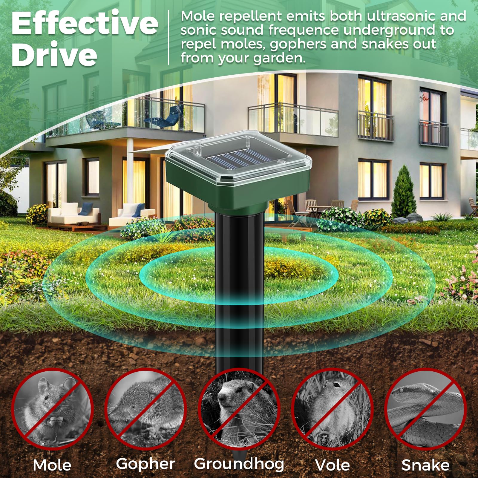 Mole Repellent 10 Pack,Ultrasonic Deterrent Stake Moles Killer,Solar Powered Outdoor Waterproof Sonic Spikes,Get Rid for Snake,Mole, Gopher,Groundhog, Skunk, and Voles,Repellent for Lawn Garden Yard
