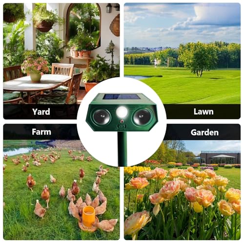 4 Pack 2025 Solar Animal Repeller Ultrasonic Cat Deterrent Outdoor, Waterproof Deer Repellent Motion Detection Flash Light for Dog Cat Deer Bird Rabbit Skunk Raccoon Squirrel for Yard, Safe for Pet