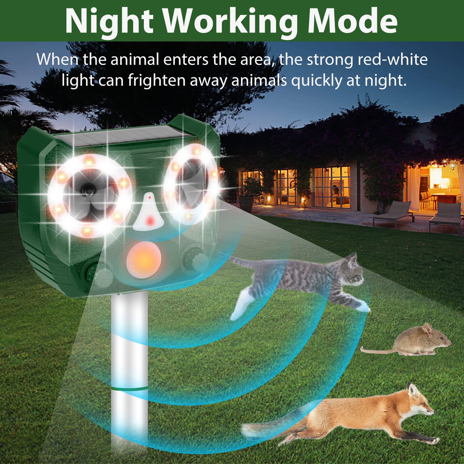 Solar Ultrasonic Animal Repellent, Waterproof Cat Deterrent Outdoor Solar Animal Repeller Motion Detection, Deer Repellent Devices Repel Cat Squirrel Rabbit Bird Dog Raccoon Skunk for Yard Farm Garden
