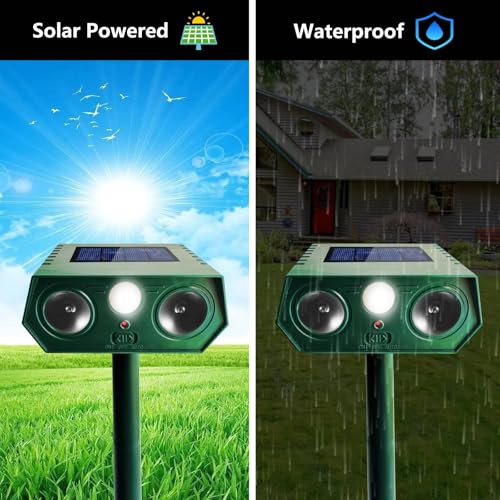 4 Pack 2025 Solar Animal Repeller Ultrasonic Cat Deterrent Outdoor, Waterproof Deer Repellent Motion Detection Flash Light for Dog Cat Deer Bird Rabbit Skunk Raccoon Squirrel for Yard, Safe for Pet